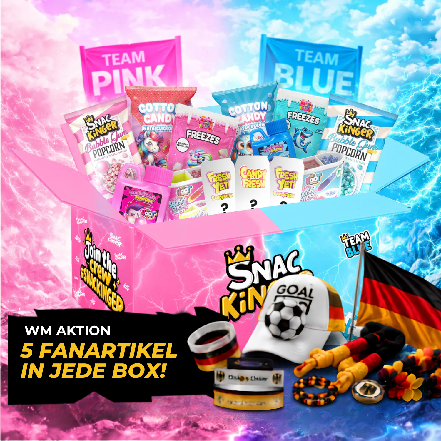 XXL Battle Box Pink vs Blue mit Deutschlandfanartikeln und vielfältigen Snacks für WM 2026