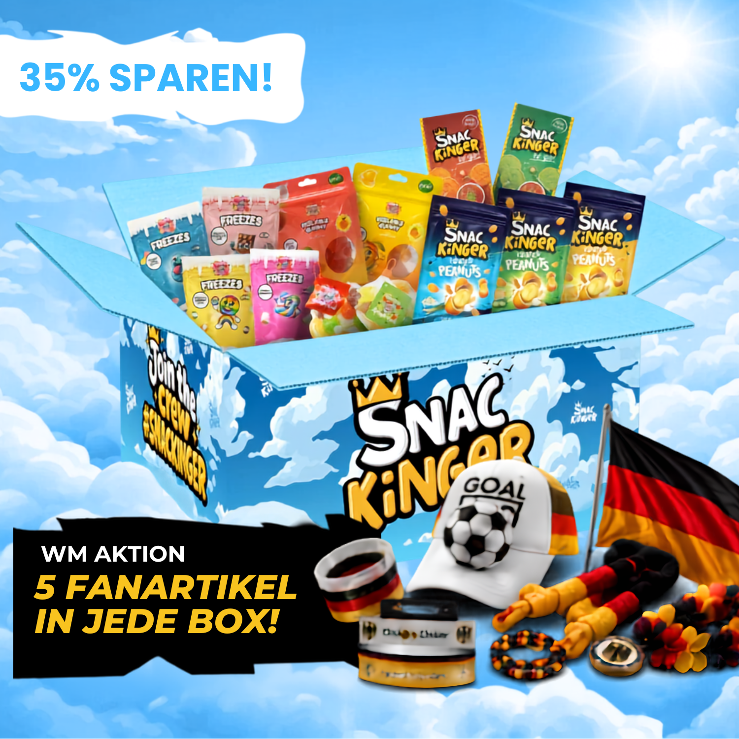 ASMR CHAOS-CRUNCH-BOX mit vielfältigen deutschen Snack- und Fanartikeln für intensives ASMR-Erlebnis