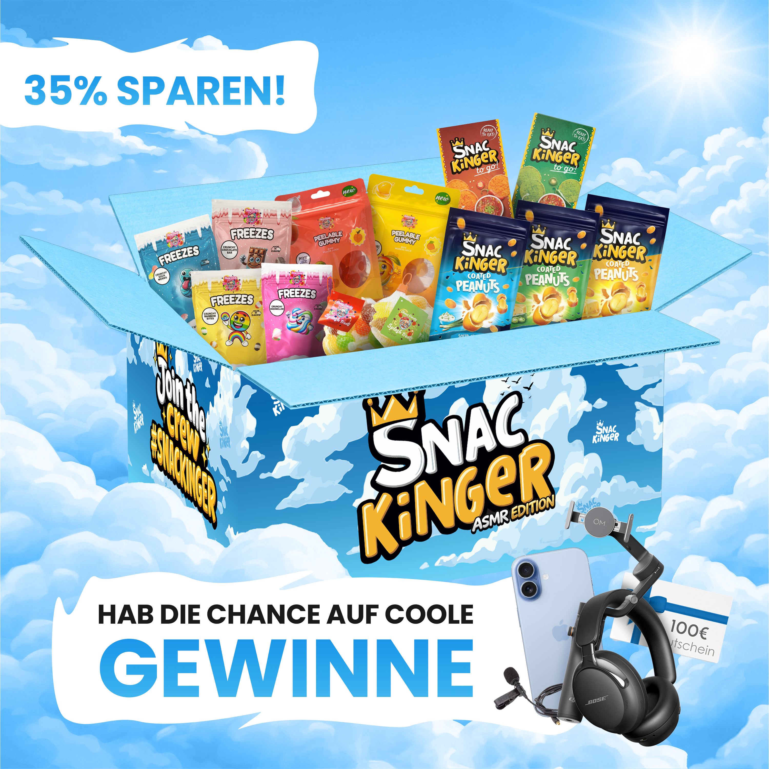 ASMR CHAOS-CRUNCH-BOX mit verschiedenen süßen und sauren Snacks, ideal für ASMR Genuss und WM 2026 Aktion