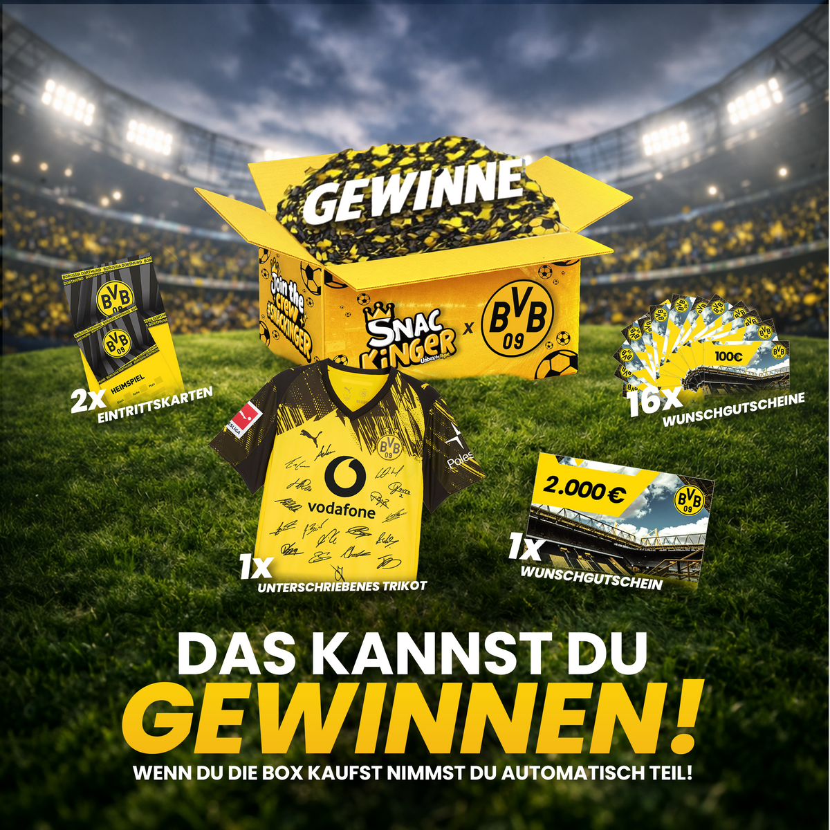 BVB BALLER-BOX Limited Edition Snack-Box mit Deutschlandfanartikeln und Lebkuchenherz, perfekt für Borussia Dortmund Fans.