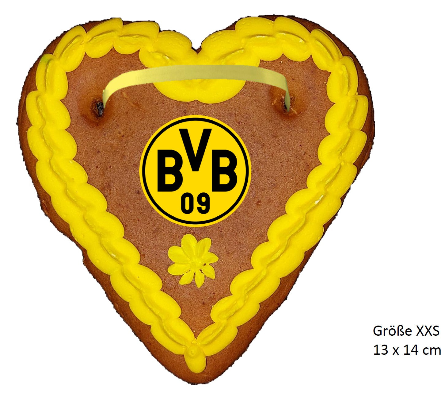 BVB Lebkuchenherz 13x14cm mit gelber Zuckerglasur und Mittelemblem als Fanartikel und Geschenk