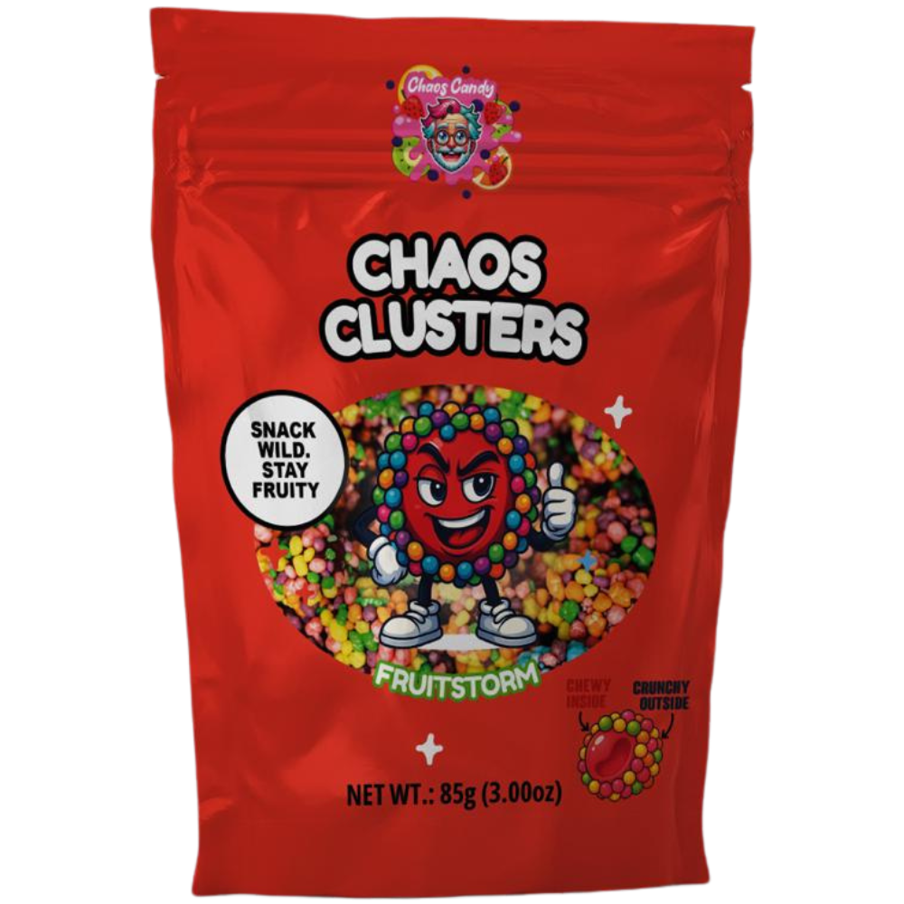 Chaos Clusters Fruitstorm candy with crunchy colorful outer pearls and soft fruity gummy inside in 85g red resealable bag