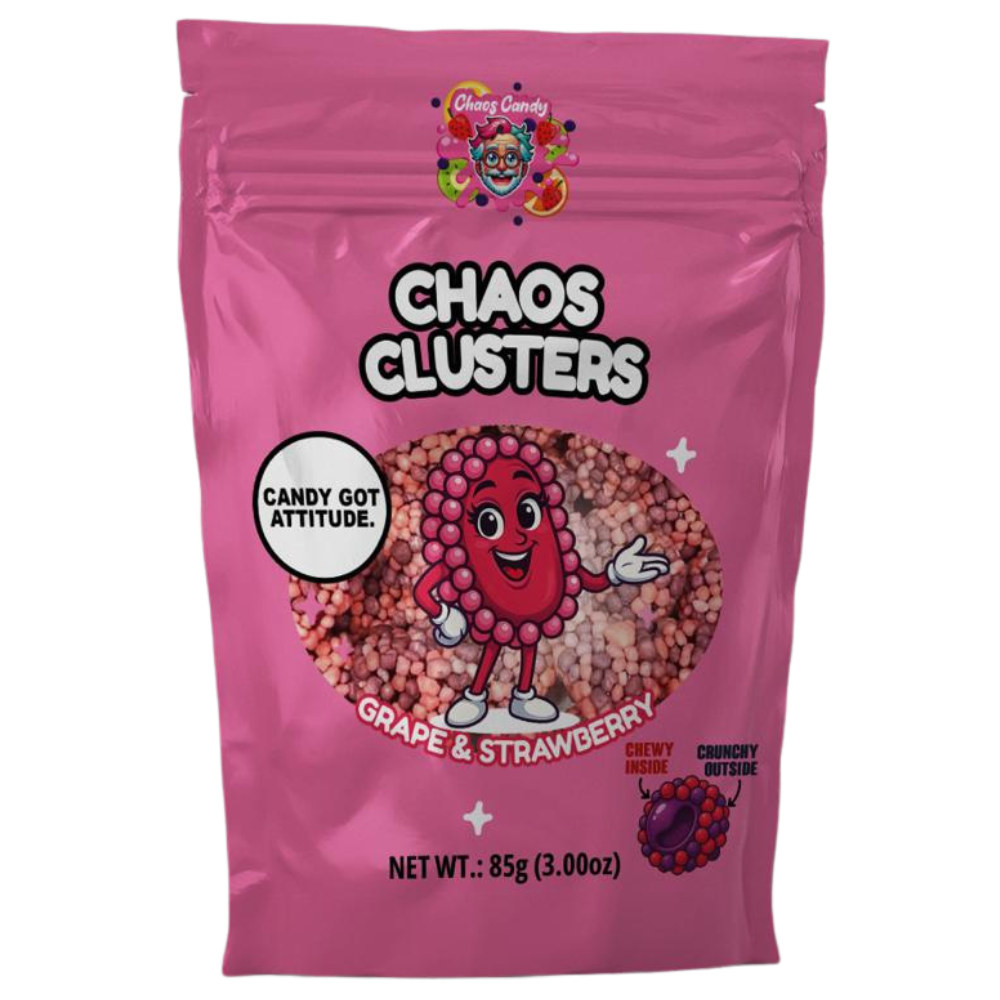 Chaos Clusters Grape Strawberry gummy ropes with soft fruit core and crunchy candy coating in 85g pink packaging