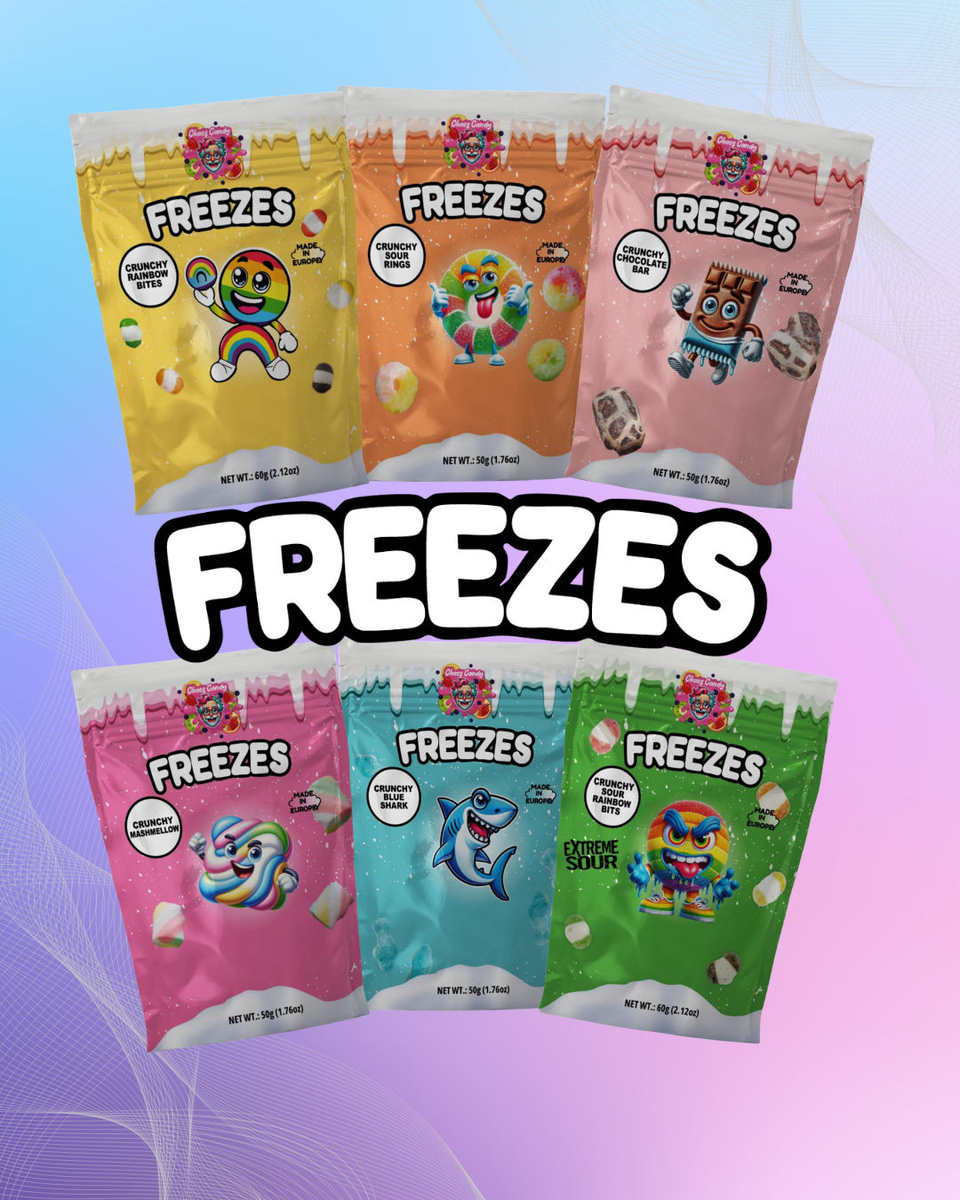 Freezes Probier Paket variety pack with six colorful freeze-dried candy flavors in vibrant packaging