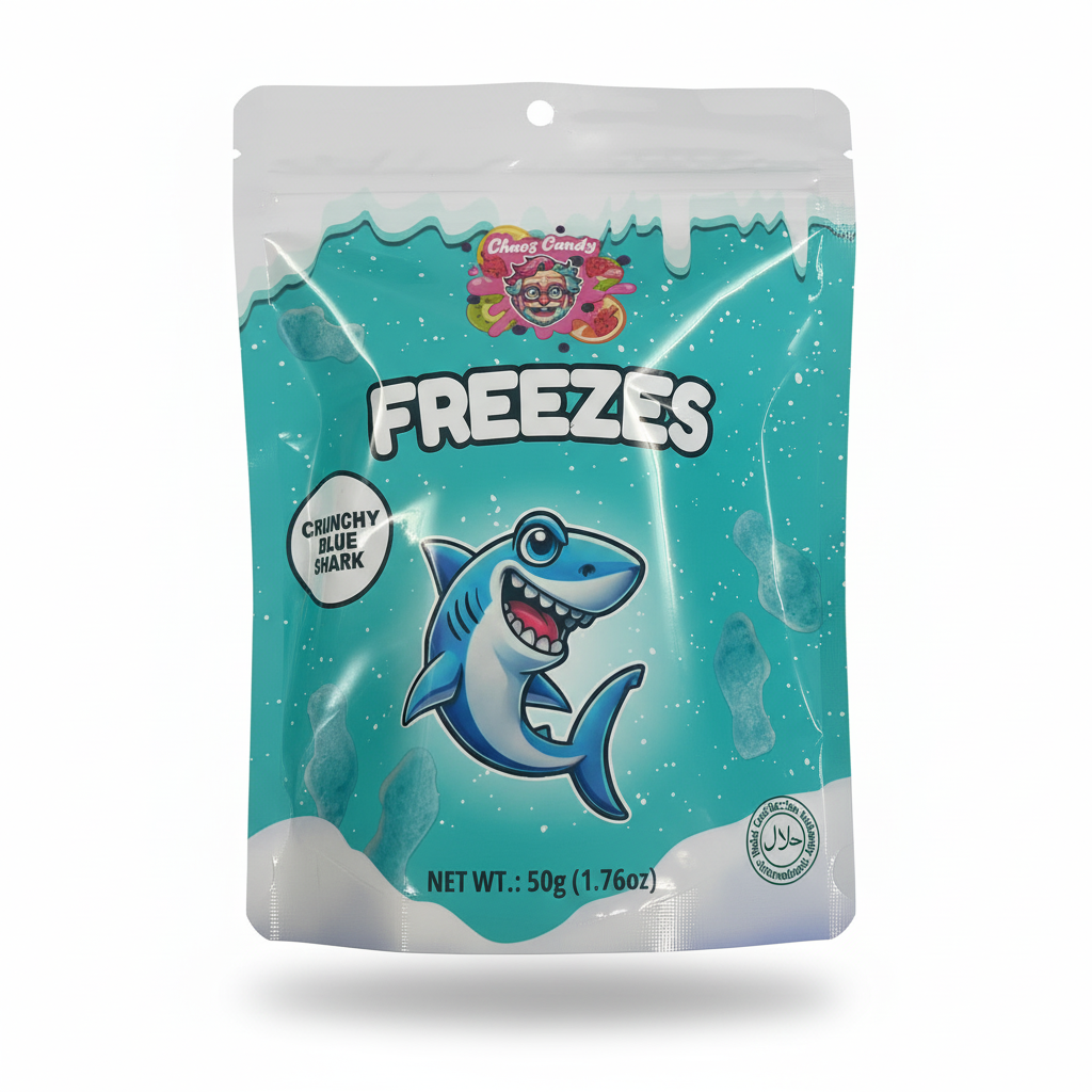 Gefriergetrocknete saure blaue Haie als knuspriger Fruchtgummi-Snack in 50g Packung