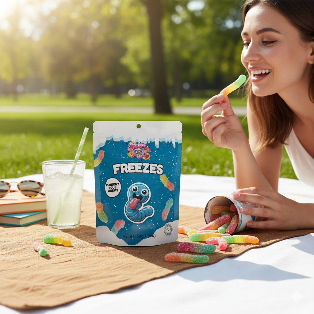 Gefriergetrocknete saure Würmer in 50g Packung, crunchy und fruchtig