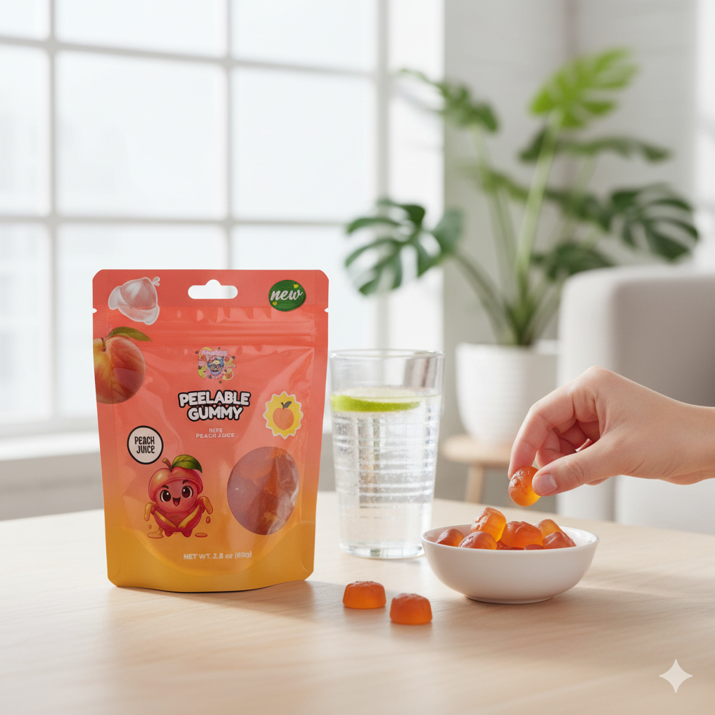 Fruchtgummi mit Pfirsich Geschmack peelbar in 80g Packung