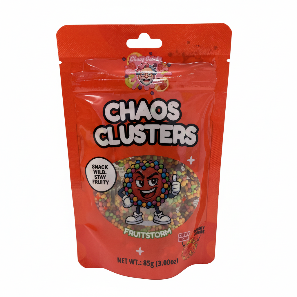 Chaos Candy Chaos Clusters rote Fruchtgummis mit knusprigem Zuckerüberzug 85g Verpackung