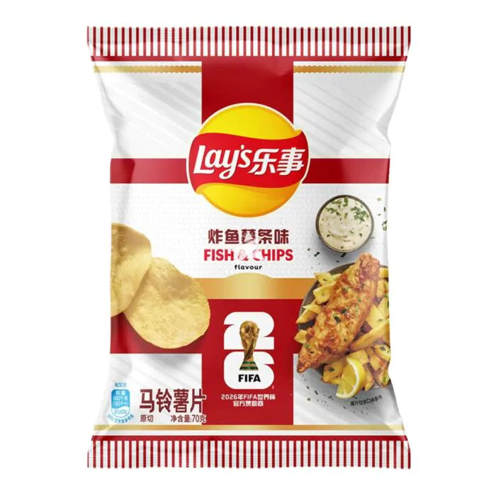 Lay's Fish & Chips Flavour 70g Packung mit knusprigen Kartoffelchips und herzhaftem Backfisch-Geschmack