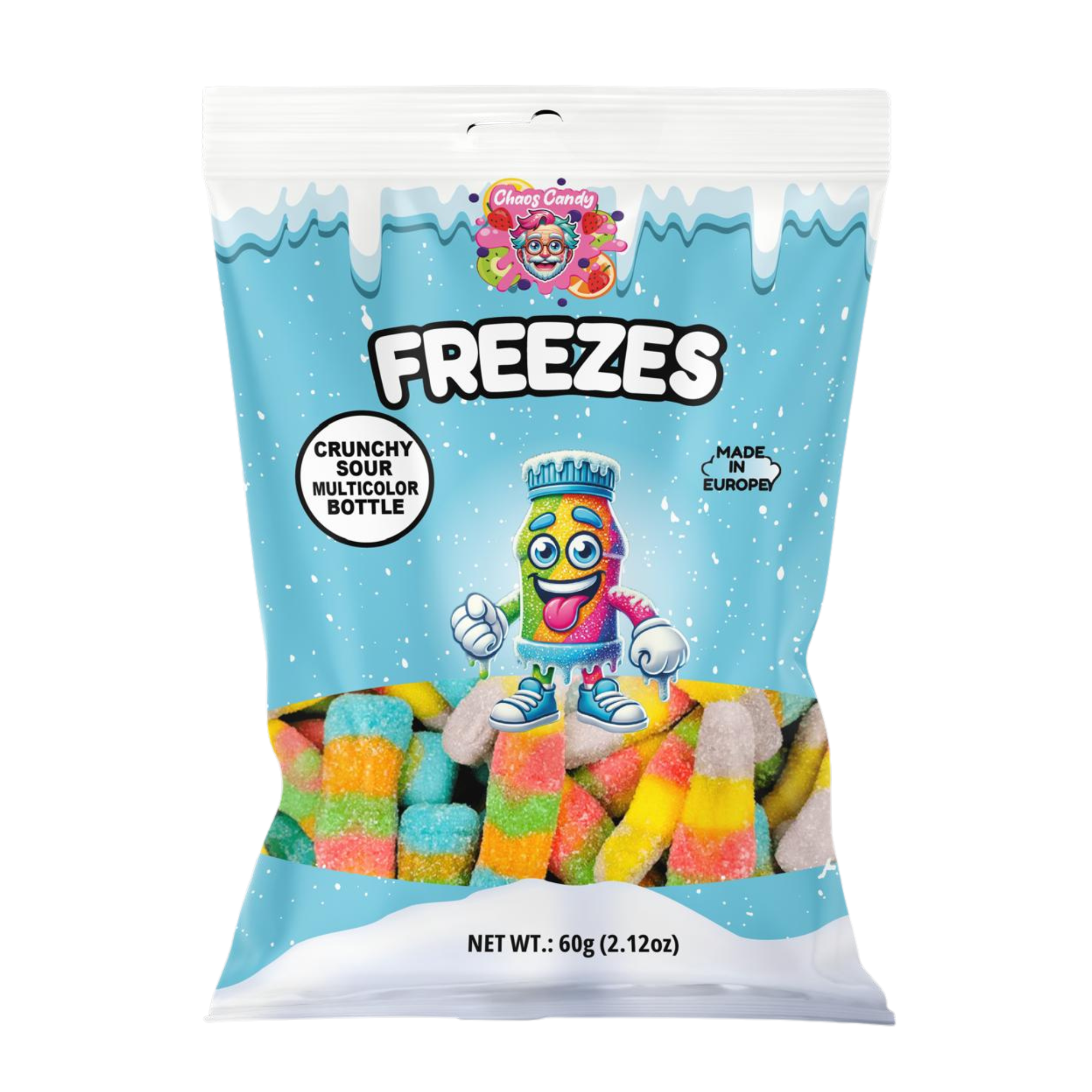 Chaos Candy Freezes crunchy multicolor sour bottle candies in 60g bag