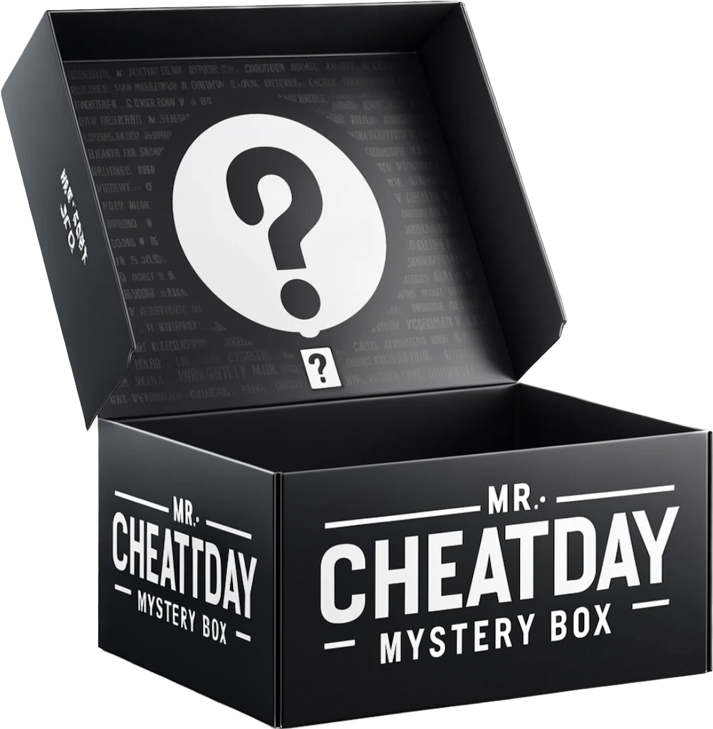 Black open Mr. Cheatday Mystery Box with question mark inside, containing 11 assorted sweet and savory snacks for a thrilling tasting experience