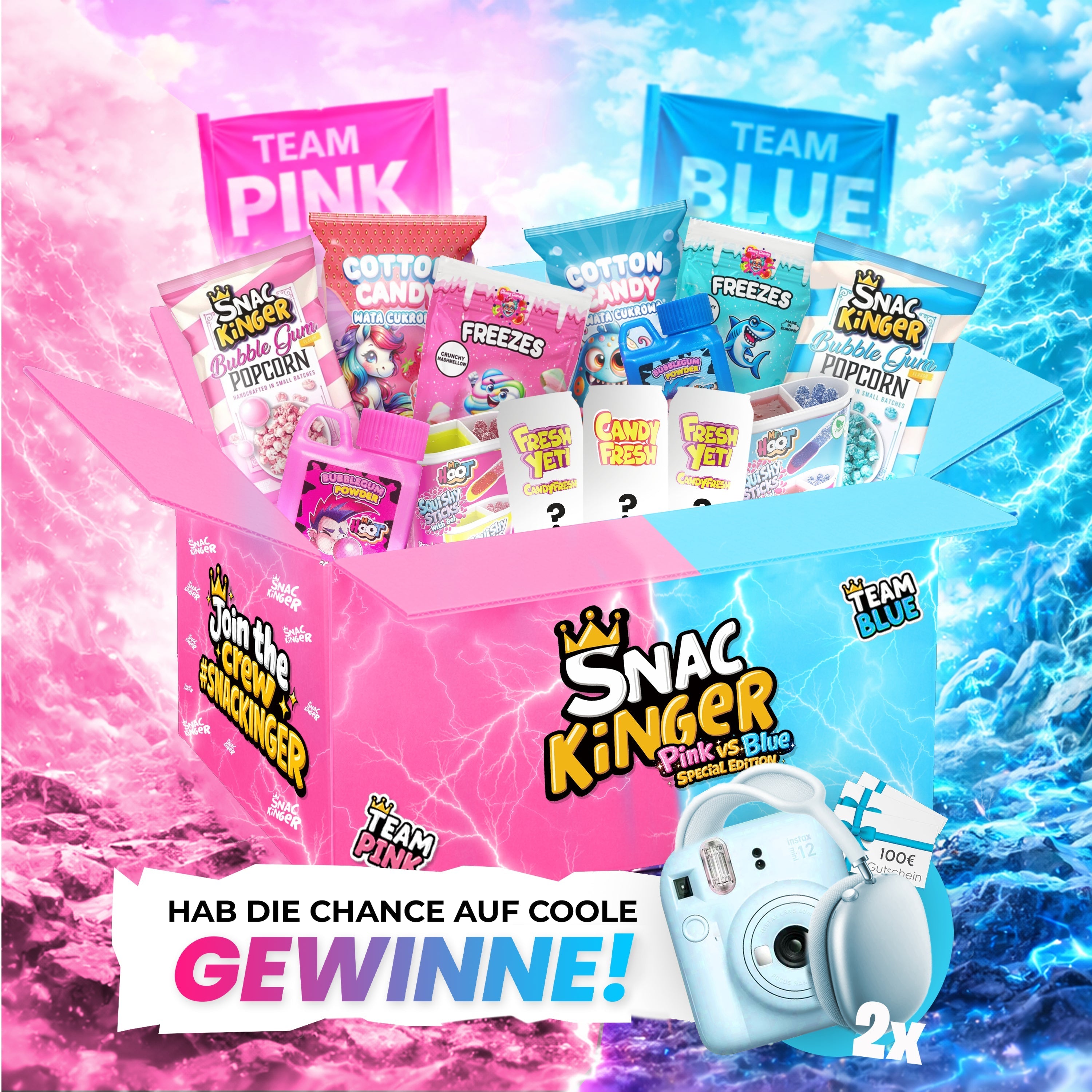 XXL Battle Box Pink vs Blue mit Deutschlandfanartikeln und Snacks im Farbduell