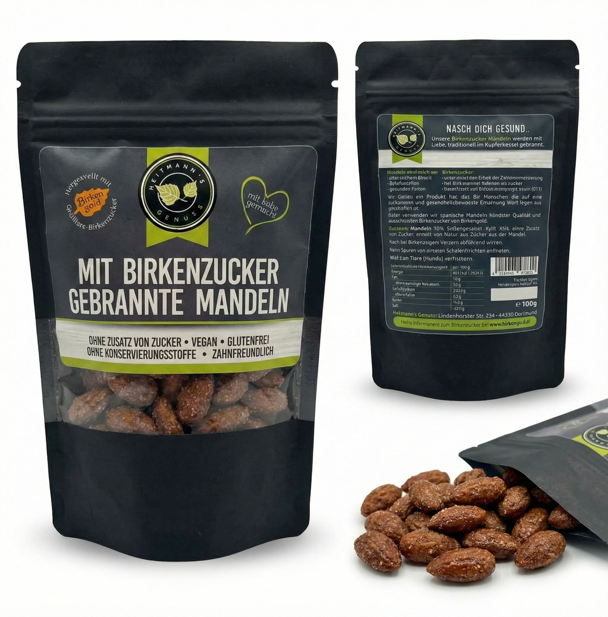 Gebrannte Mandeln von Heitmann's Genuss vegan glutenfrei mit Birkenzucker im Kupferkessel hergestellt