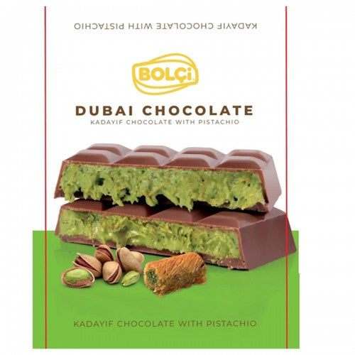Bolci-Dubai Schokolade 100g with creamy pistachio and crunchy kadayif filling in milk chocolate bar