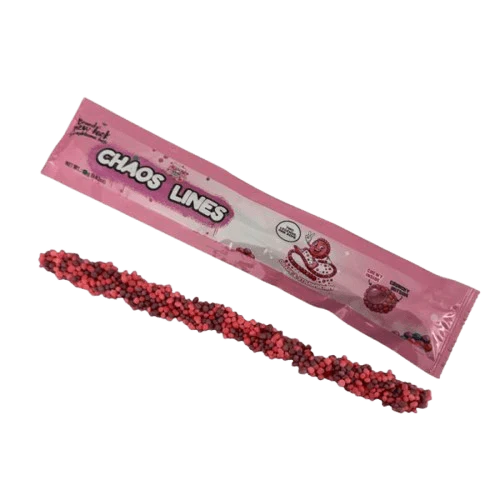 Chaos Candy Lines Grape Strawberry fruit gummy rope with crunchy candy pearls packaging and product visible