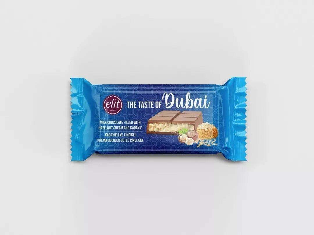Elit Dubai Schokolade Haselnuss 90g, vollmilchschokolade mit Haselnuss und Kadayif, Produktabbildung.