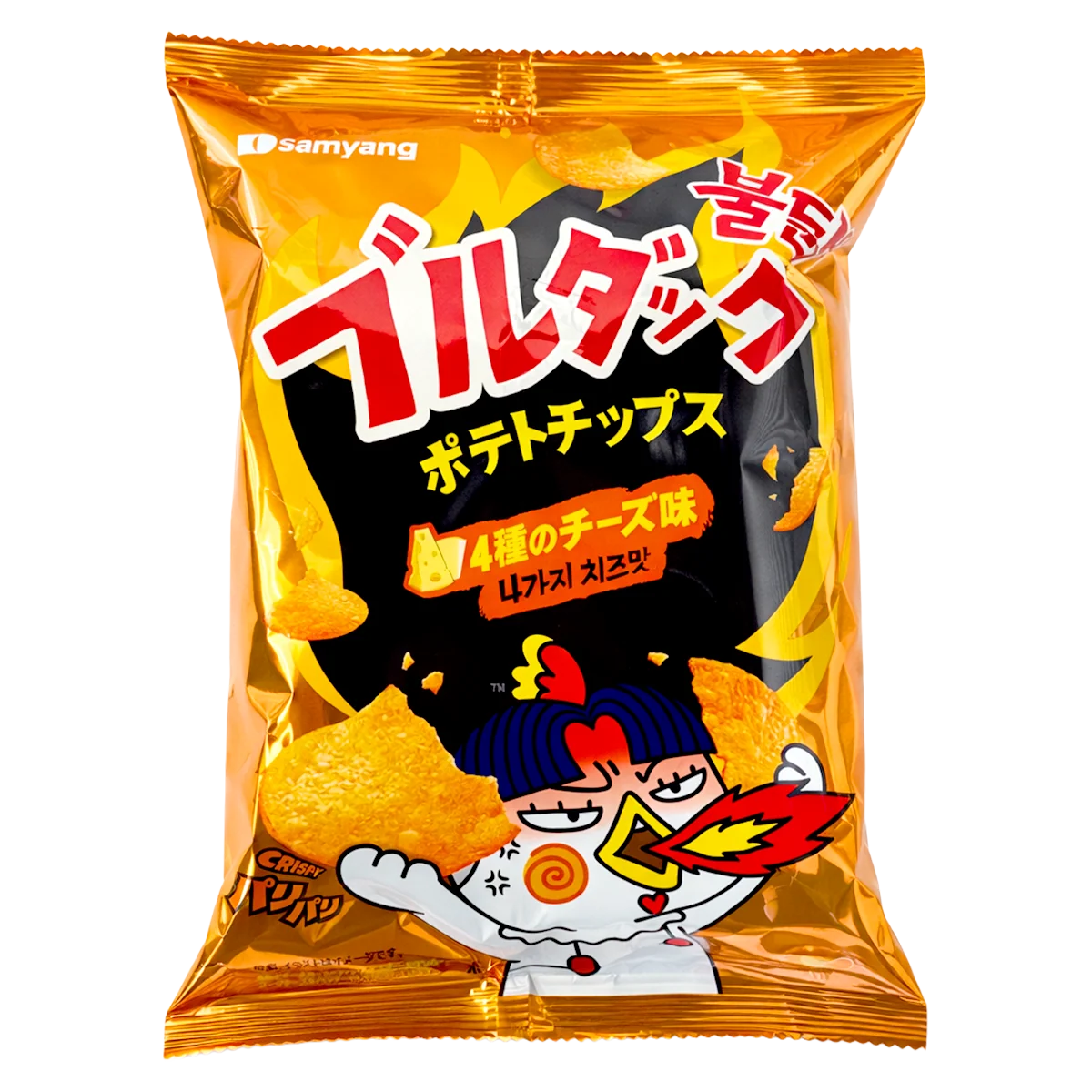 Samyang Buldak Chips Quattro Cheese mit feuriger Schärfe und vier Käsesorten in knuspriger Tüte