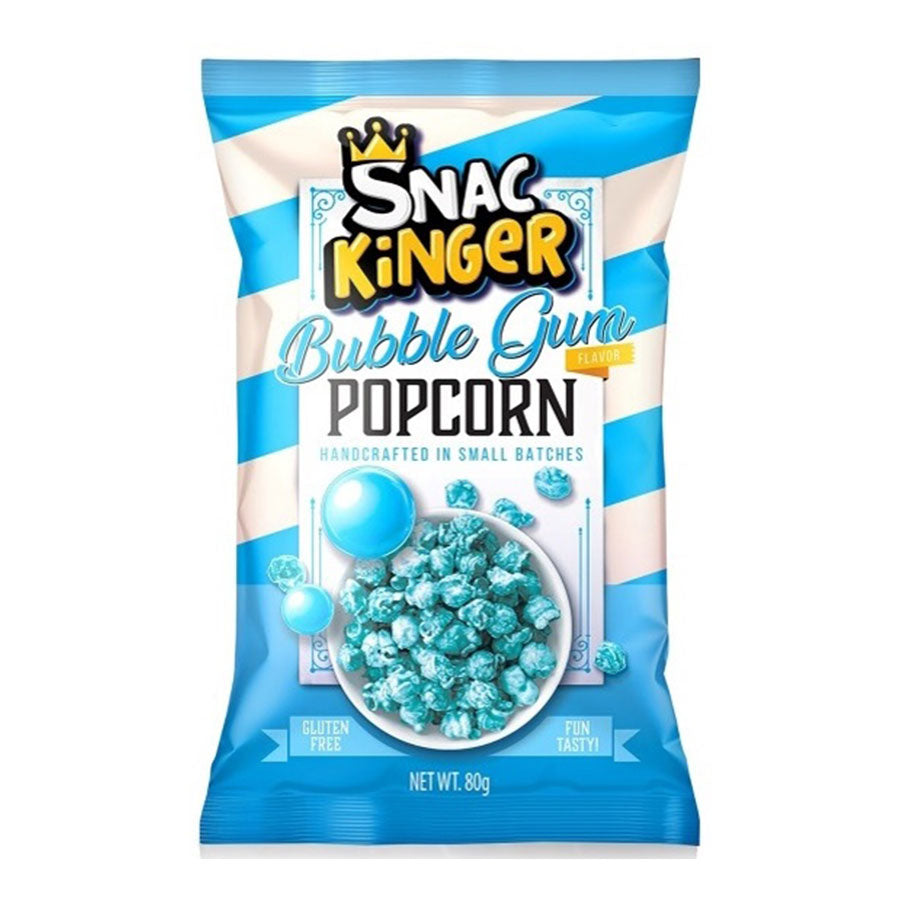 SnacKinger POPCORN leuchtend blau mit süßem Bubble-Gum-Geschmack in Deutschland, 80 g Verpackung