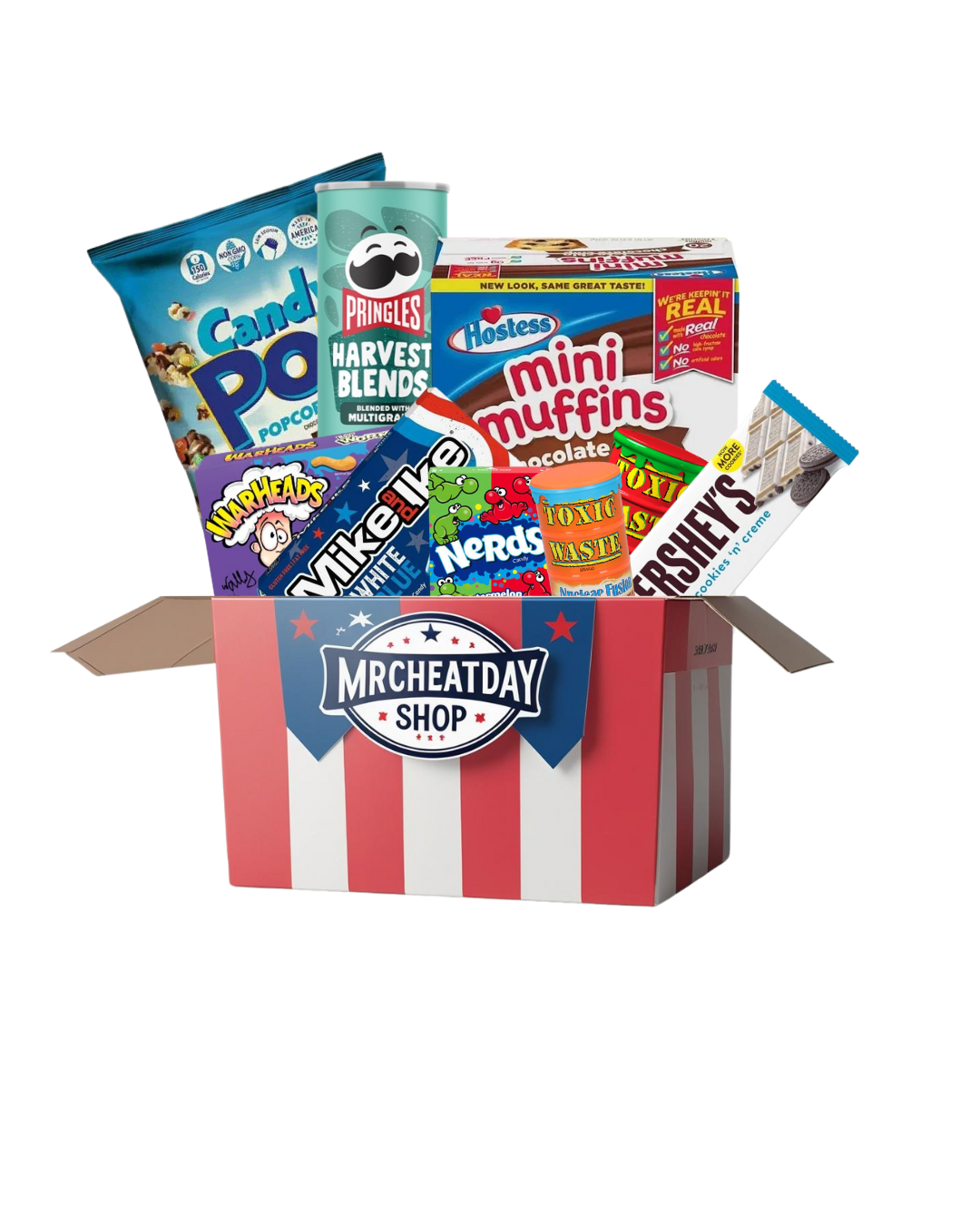 Open Amerika Box filled with popular American snacks and candies including Pringles, Hostess mini muffins, Candy Pop popcorn, Warheads, Mike and Ike, Nerds, and Hershey's chocolate.