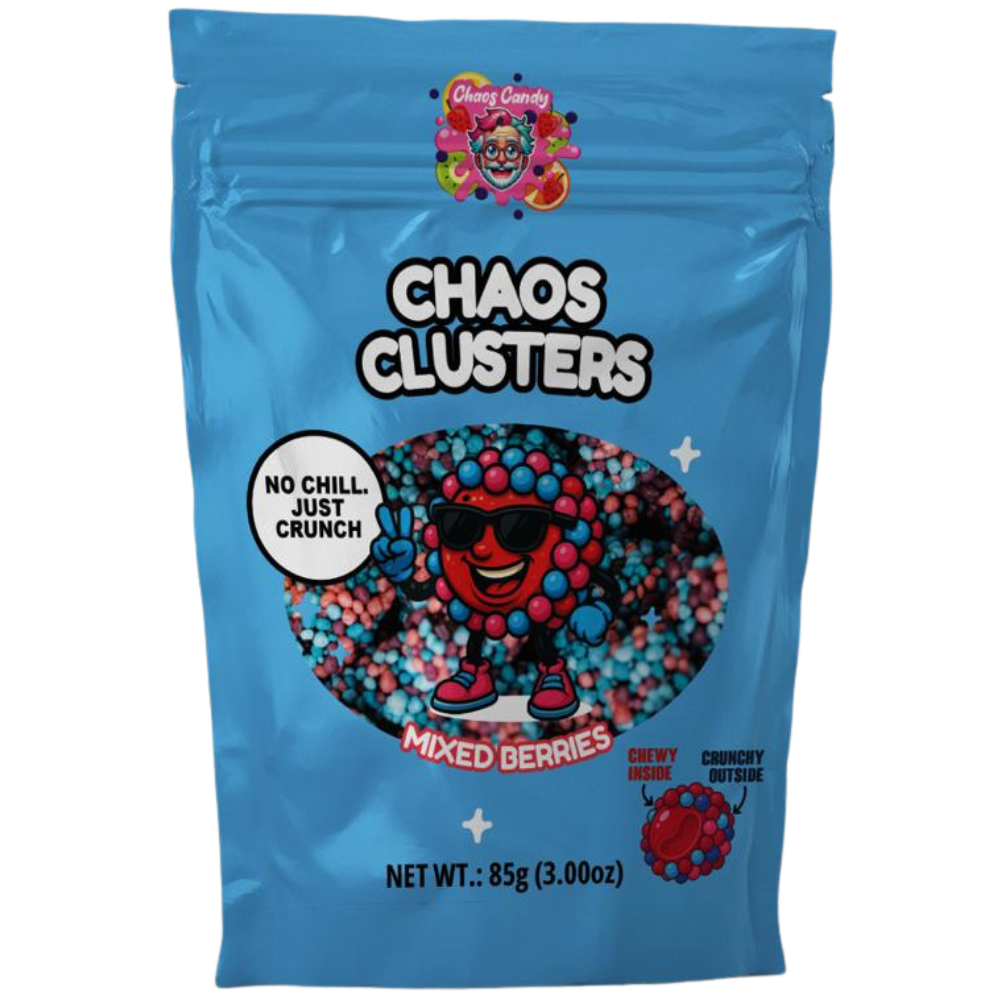 Chaos Clusters Mixed Berries chewy fruit gummy ropes with crunchy berry-flavored coating in 85g blue packaging