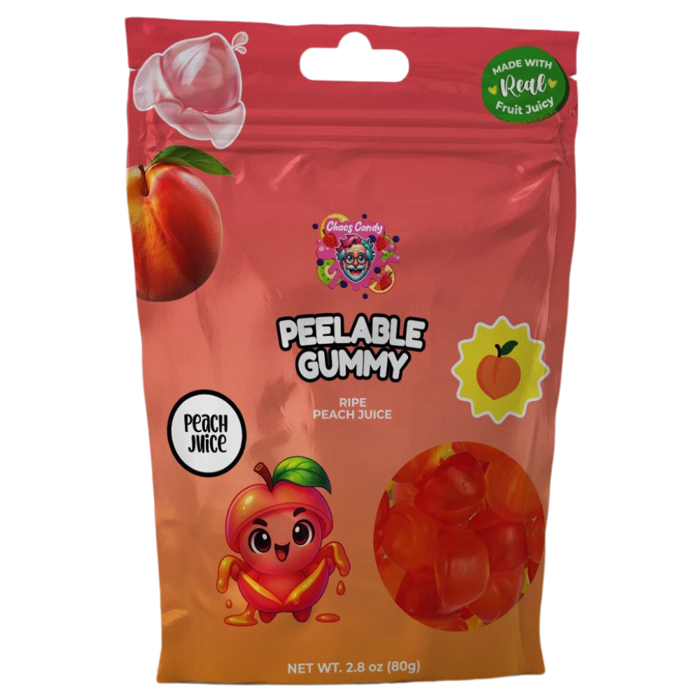 Chaos Candy Peelable Peach gummy candy pack with peelable peach-shaped gummies and peach juice flavor, 80g