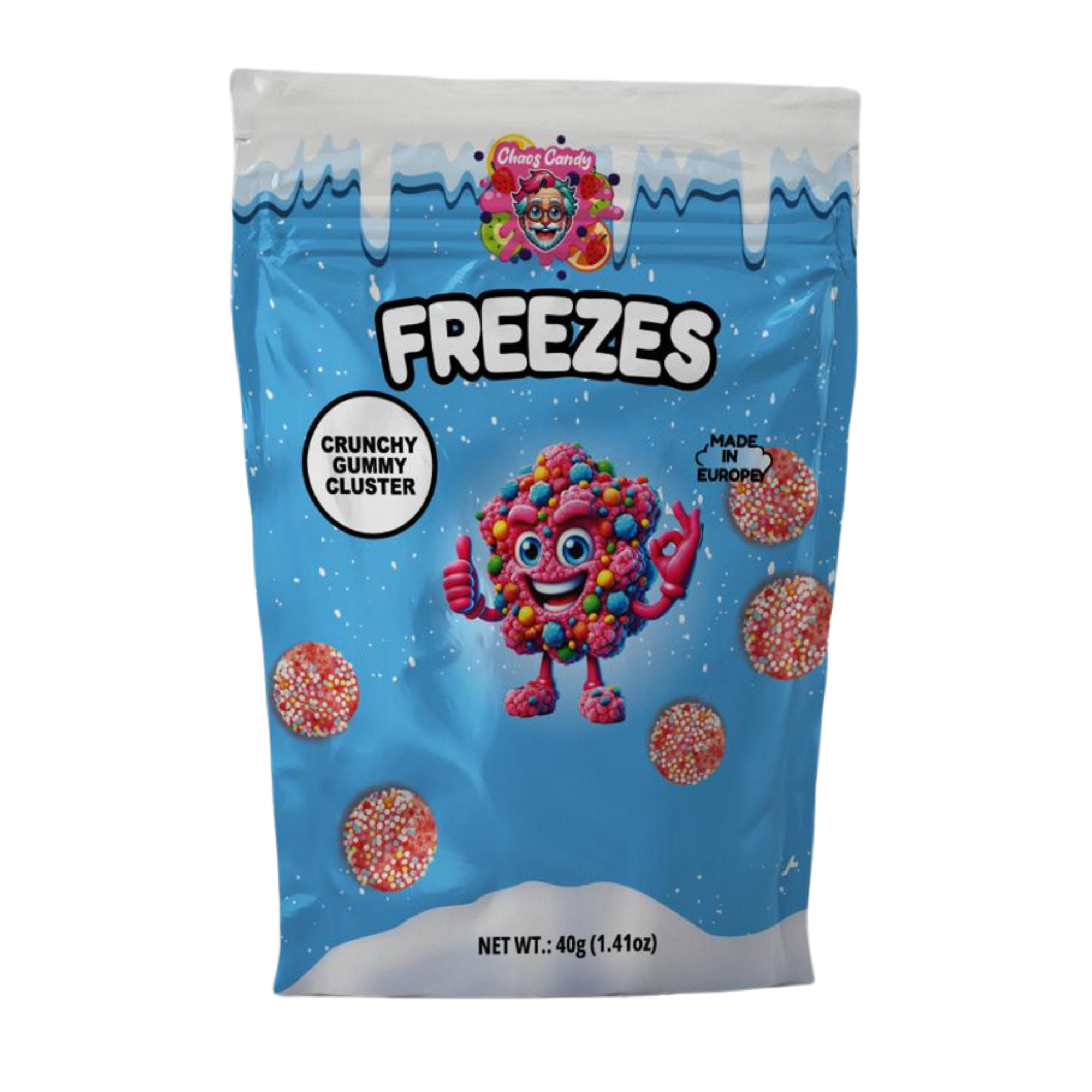 Chaos Candy Freezes crunchy gummy clusters freeze-dried candy snack in 40g blue resealable bag