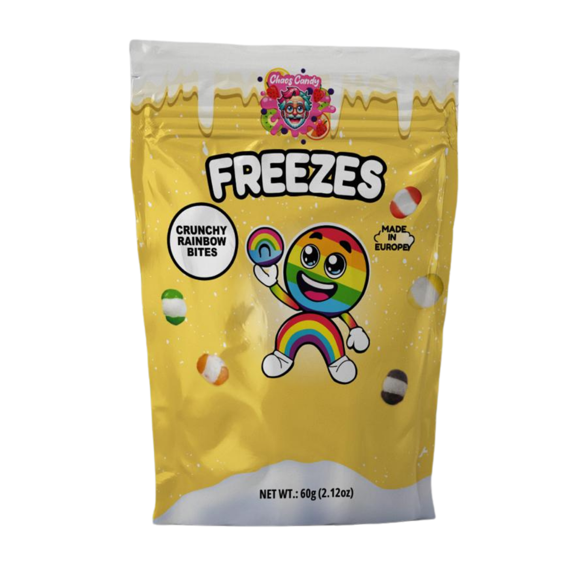 Chaos Candy Freezes crunchy rainbow fruit bites in 60g yellow resealable bag