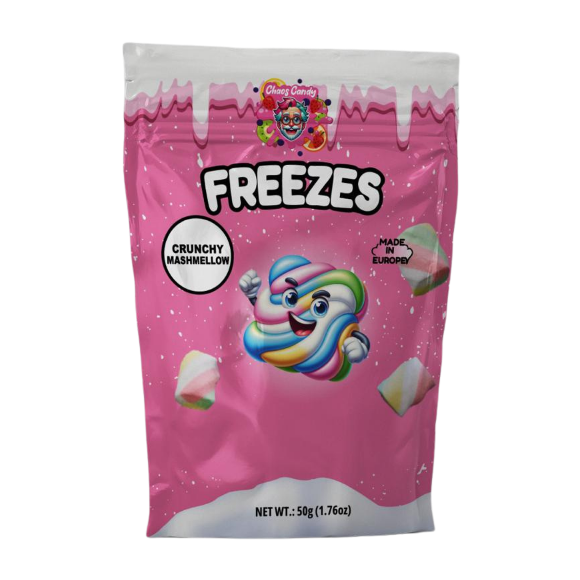 Chaos Candy Freezes crunchy freeze-dried marshmallow sweets in 50g pink packaging