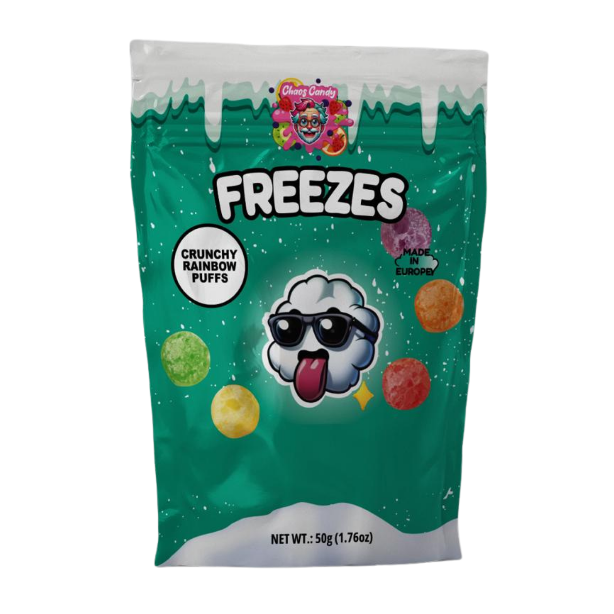 Chaos Candy Freezes crunchy rainbow puffs 50g bag with colorful freeze-dried fruit snacks
