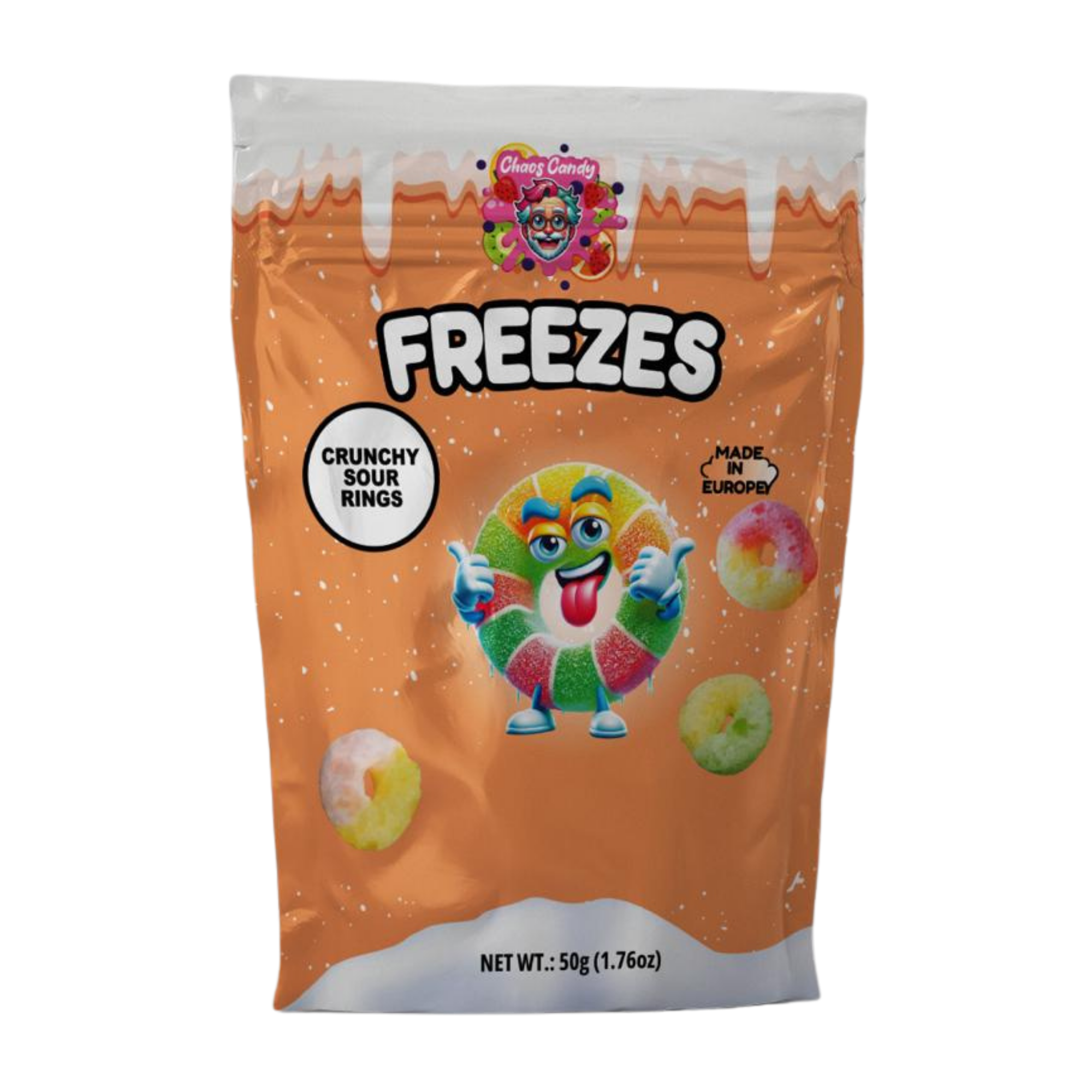 Chaos Candy Freezes crunchy sour rings snack in orange resealable bag, freeze-dried fruity sour candy, 50g pack