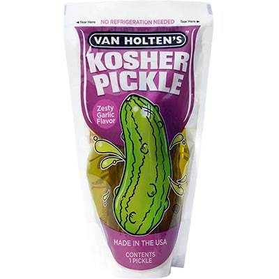 Van Holtens Pickle Kosher Zesty Garlic 140gDie Jumbo-Kosher-Gurke von Van Holten's ist eine große, würzig-knackige, ganze Gurke eingelegt in Essig und Knoblauch. Mit seinem ausgeprägten Knoblaucharoma und demWorld of Candy