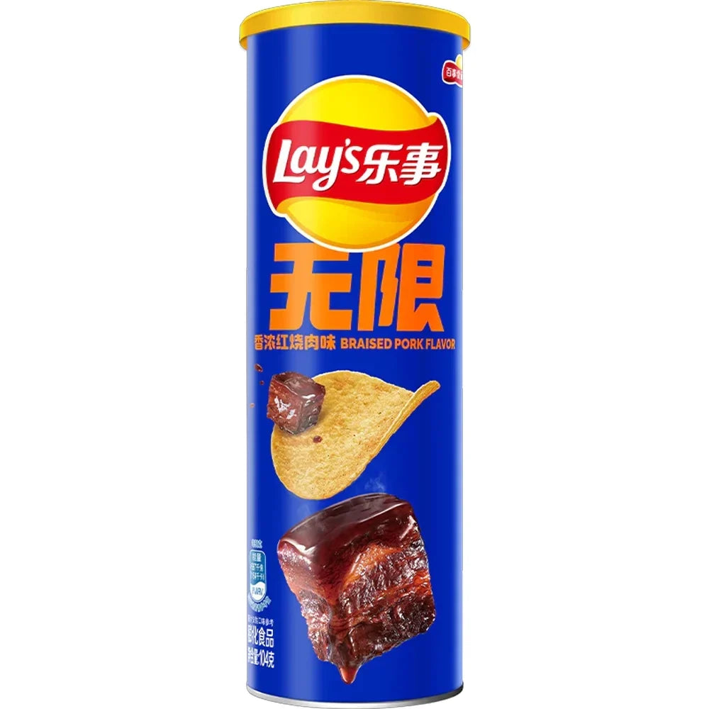 Lay’s Stax Braised Pork 90g Dose mit knusprigen Kartoffelcrisps und herzhaftem Umami-Geschmack