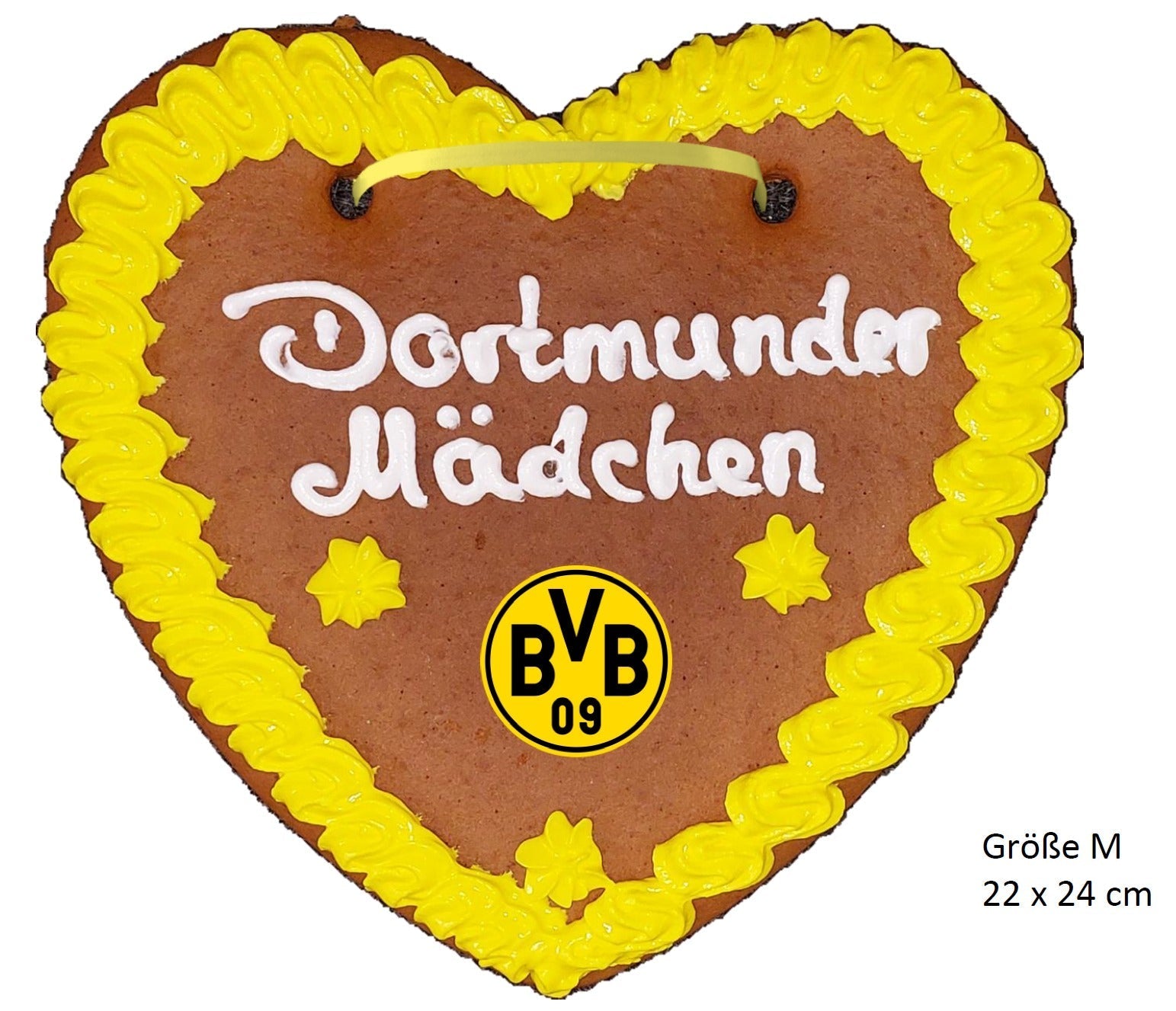 Großes BVB Lebkuchenherz 22x24cm mit gelber Zuckerglasur und Emblem, ideale Fan-Dekoration und Geschenk