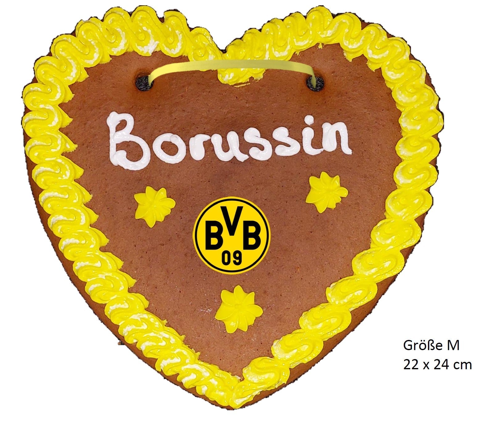 Großes BVB Lebkuchenherz 22x24 cm mit gelber Zuckerglasur und Vereinsemblem als Fanartikel und Geschenk