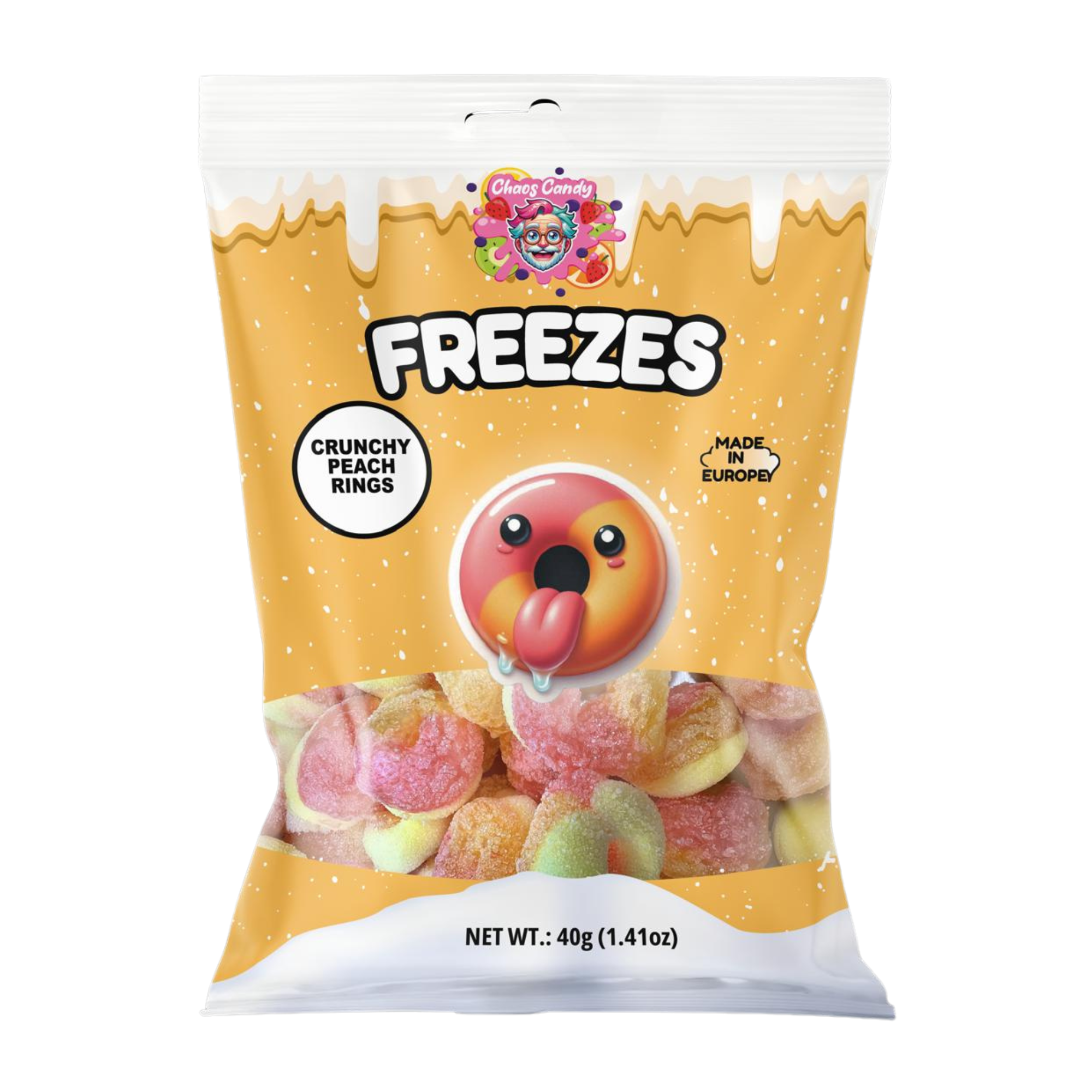 Chaos Candy Freezes crunchy freeze-dried peach rings snack in 40g package