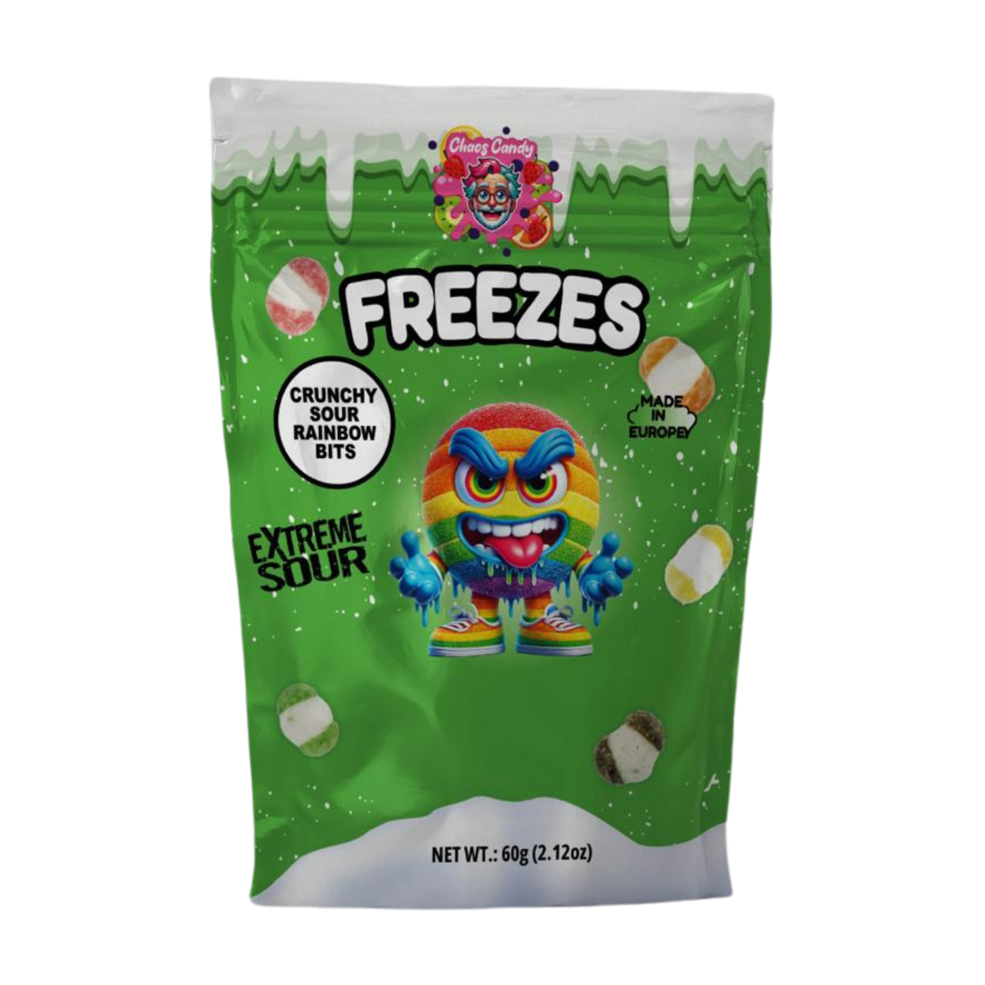 Chaos Candy Freezes crunchy sour rainbow bites snack pack with extreme sour flavor and colorful design