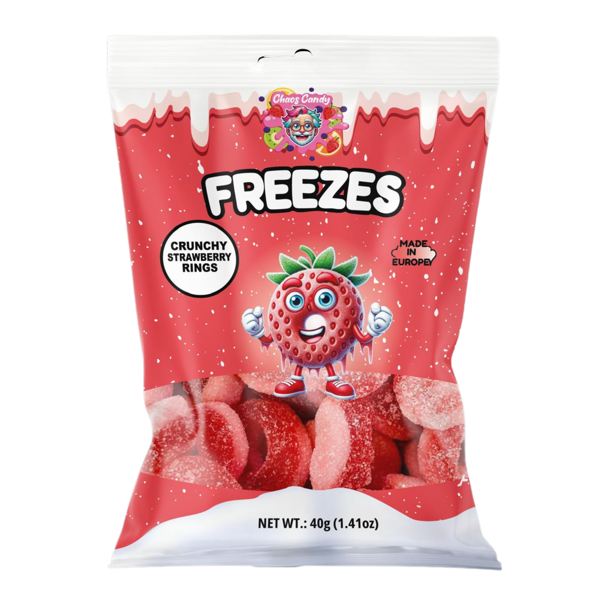 Chaos Candy Freezes crunchy freeze-dried strawberry rings candy in red packaging, 40g snack bag