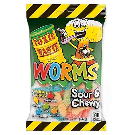 Toxic Waste Sour Gummy Worms 142gMöglicherweise die sauersten Würmer, auf die du stoßen wirst, in einer super-sauren Auswahl an Geschmacksrichtungen: Erdbeere, Ananas, Limette, Blaubeere und MandariWorld of Candy