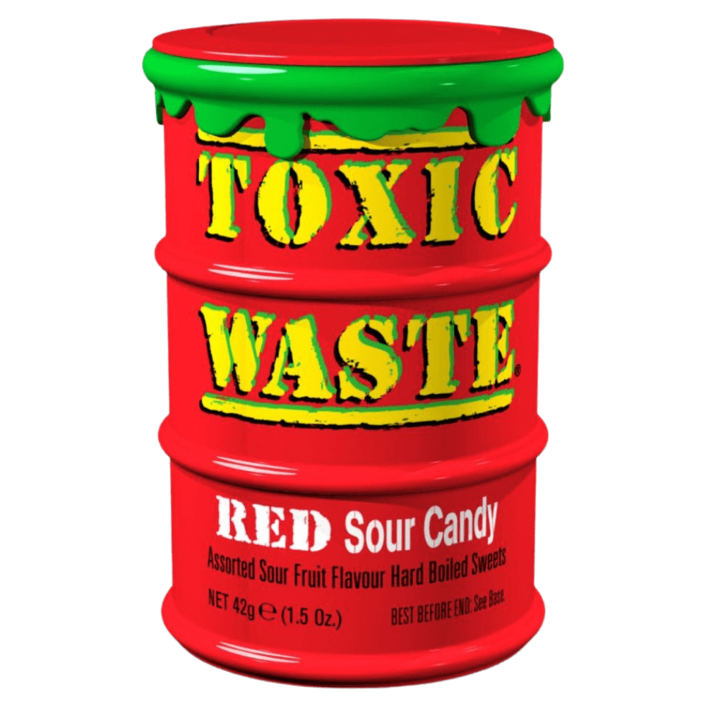 Toxic Waste Red Sour Candy Drum 42gDiese roten Fässer sind randvoll mit einzeln verpackten Bonbons in einer Auswahl von extrem sauren Geschmacksrichtungen: Cranberry, rote Traube, rote Birne, HimbeereWorld of Candy