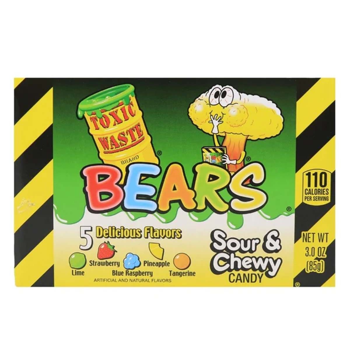 Toxic Waste Sour Gummy Bears Theatre Box 85gJede Theaterbox enthält 85 g süßsaure Gummibärchen, bereit deine Geschmacksknospen herauszufordern. Die ultra-saure Gummibärchen gibt es in den Geschmacksrichtungen World of Candy