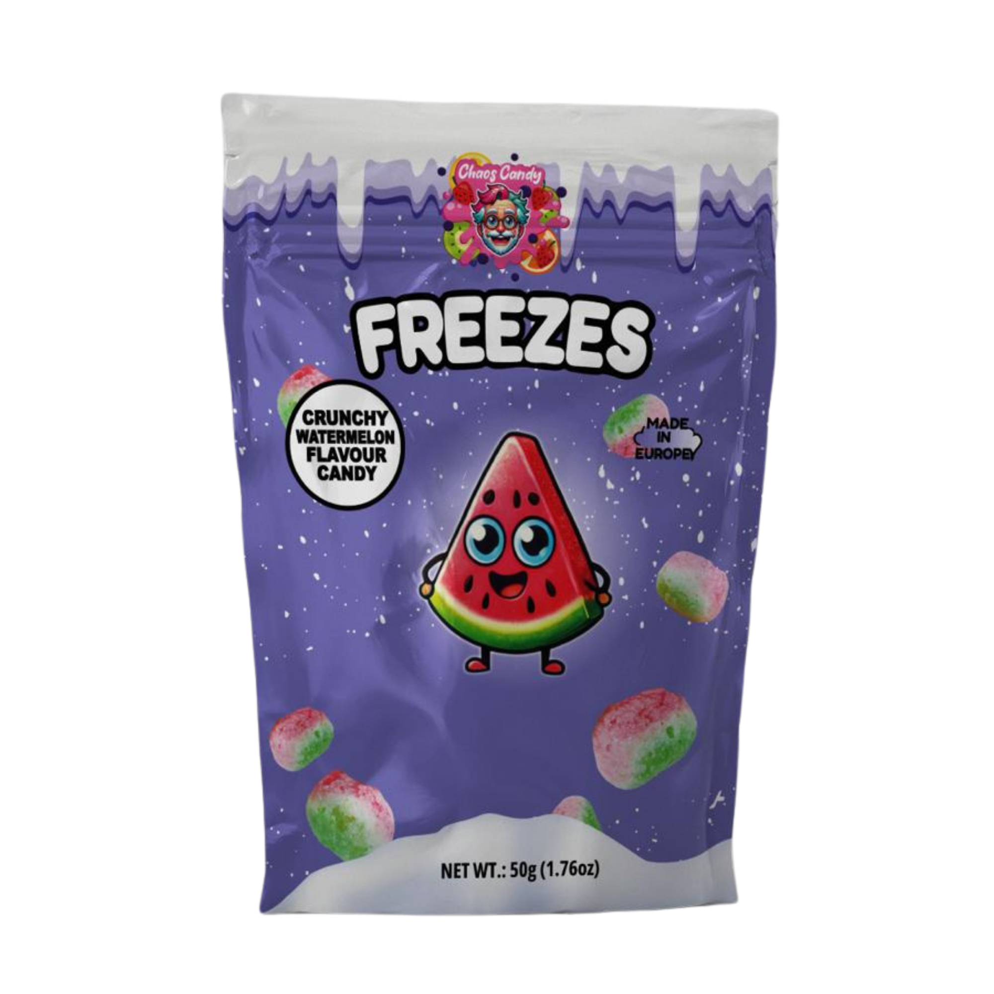 Chaos Candy Freezes crunchy watermelon flavor freeze-dried candy in 50g purple packaging with watermelon character