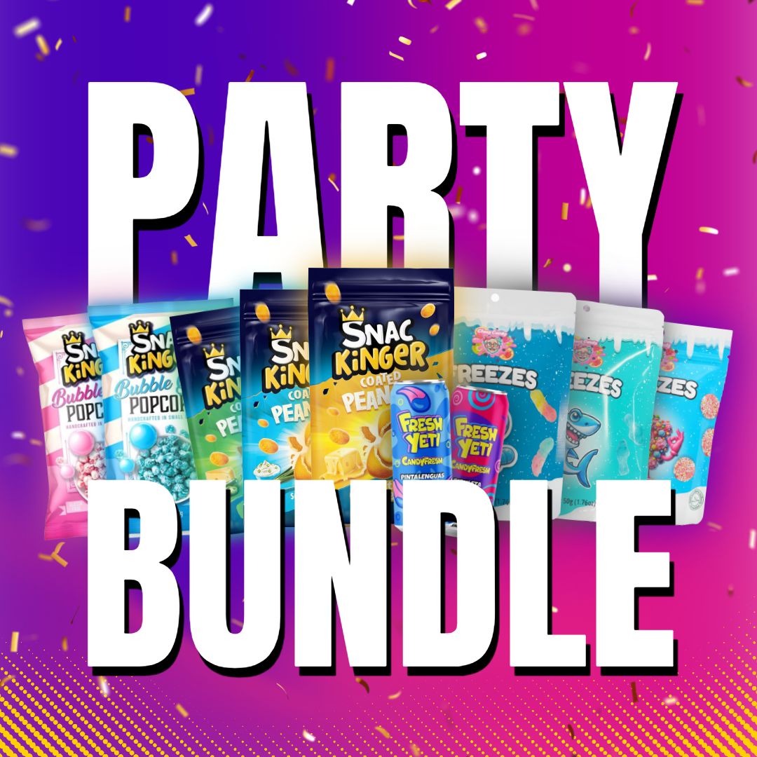 Snac Kinger Party Paket mit Nachos, Coated Peanuts, Popcorn und Drinks in bunter Geschenkbox