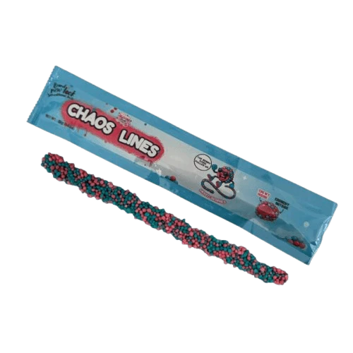 Chaos Candy Lines Mixed Berries fruit gummy ropes with crunchy berry-flavored beads in blue packaging