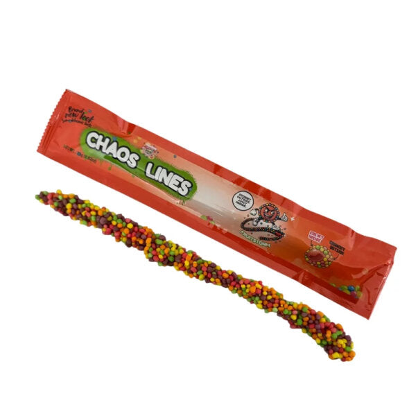 Chaos Candy Lines Fruitstorm fruit gummy rope with colorful crunchy beads in orange packaging