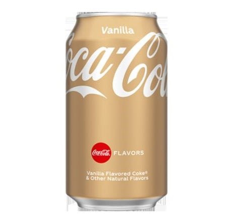 Coca Cola Vanilla 355ml can with vanilla flavor and caffeine.