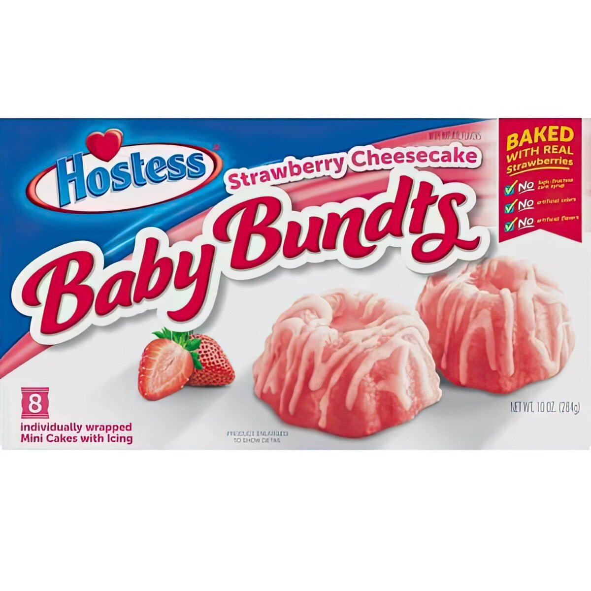 Hostess Baby Bundts "Strawberry Cheesecake" 284gDie Mini Gugelhupfe bestehen aus einem Erdbeerkuchen – mit echten Erdbeeren! –  einem süßen Käsekuchenelement und einem Spritzer Sahnehäubchen. Die Mini-Kuchen sind World of Candy