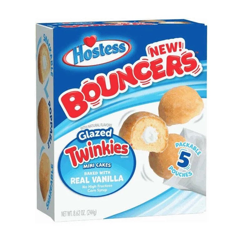 Hostess Bouncers Glazed Twinkies Vanilla 244gDie Bouncers Glazed Twinkies Mini Cakes setzen den Goldstandard für Snackkuchen. Gebacken mit echter Vanille und glasiert, bieten sie einen unwiderstehlichen Genuss.World of Candy