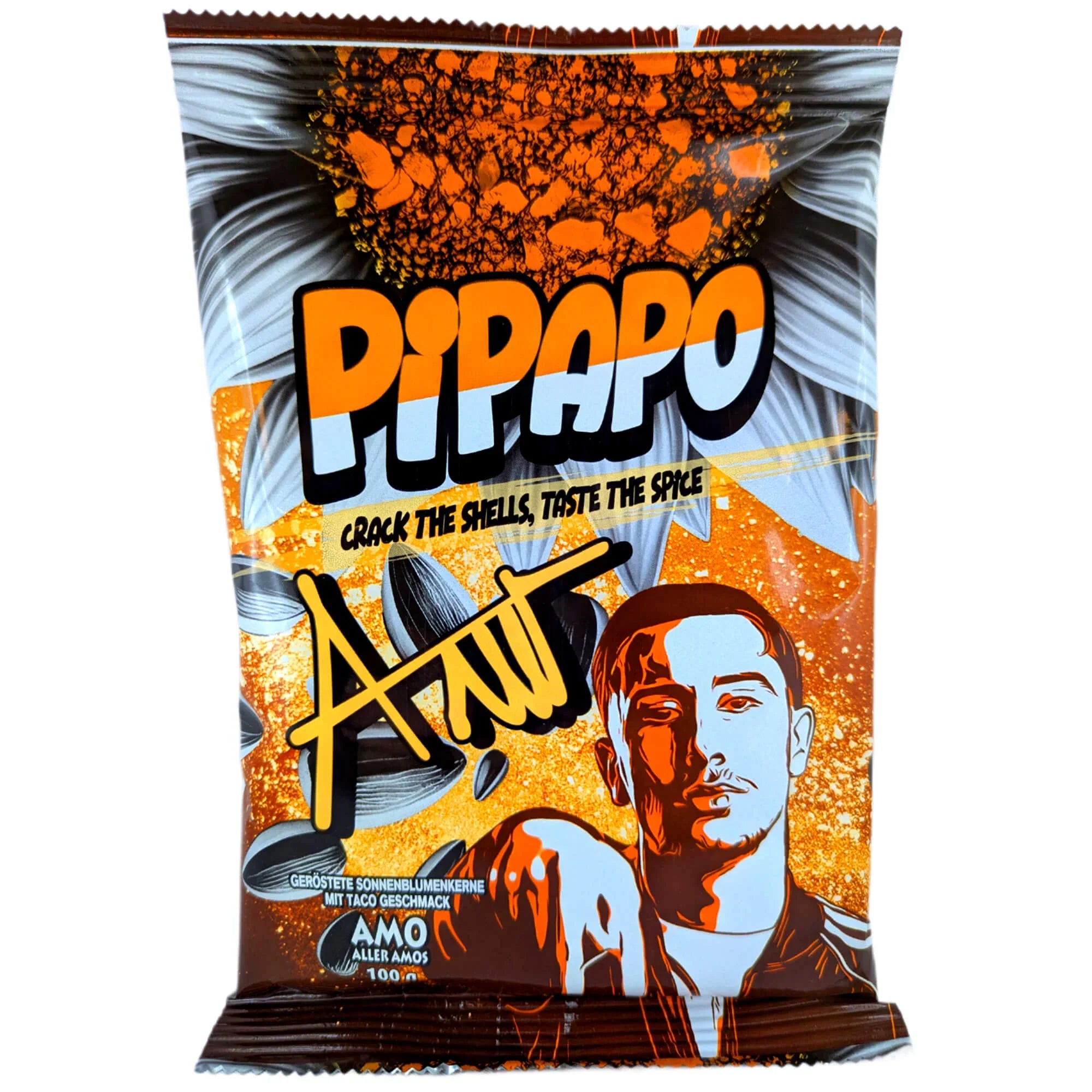 Pipapo AMO Sonnenblumenkerne Taco Geschmack 100g Packung mit Tex-Mex-Style.