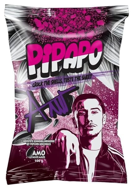 Pipapo AMO Sonnenblumenkerne Popcorn Geschmack 100g Packung mit auffälligem Design.
