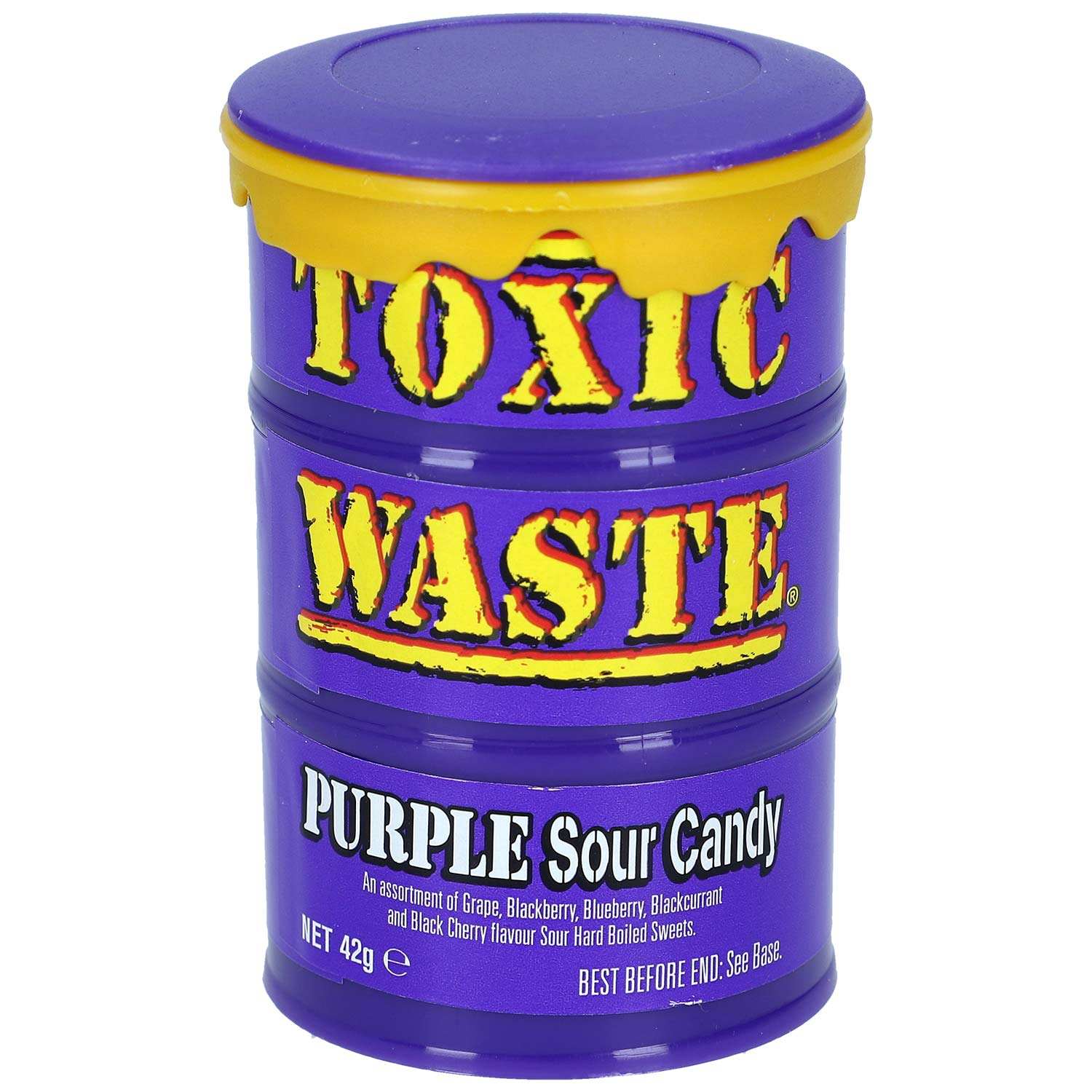 Toxic Waste Purple Sour Candy Drum 42gEinzeln verpackte Bonbons in allen lila Geschmacksrichtungen; Traube, Brombeere, Blaubeere, Schwarzkirsche und Johannisbeere. Das Besondere dabei ist der wunderbar sWorld of Candy